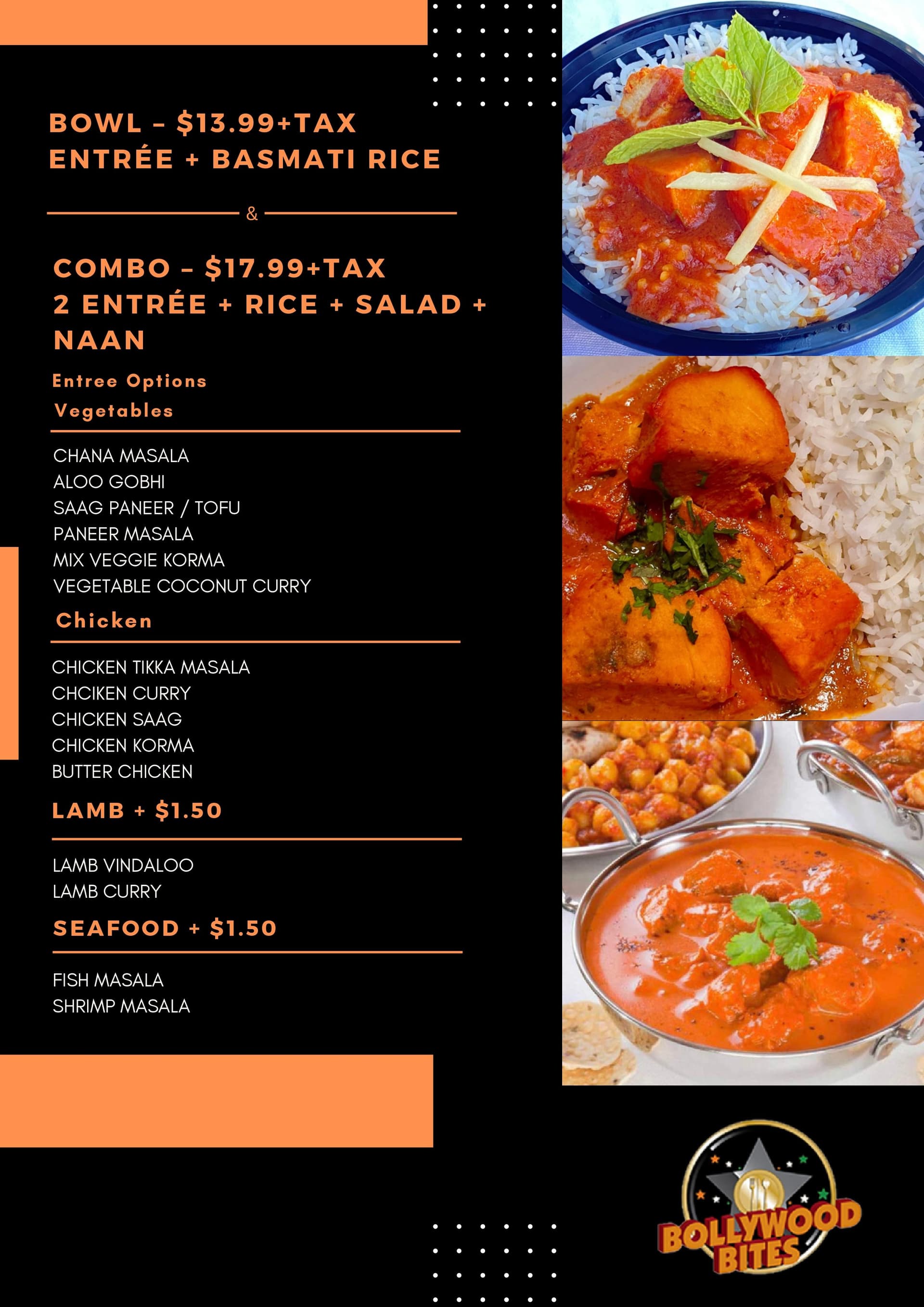 Bollywood Bites Lunch Specials Menu Card