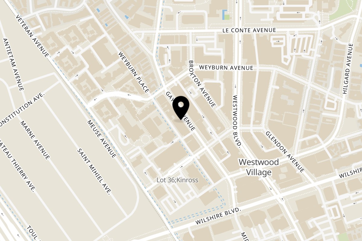 Map showing the location of Bollywood Bites on 1051 Gayley Ave in Los Angeles